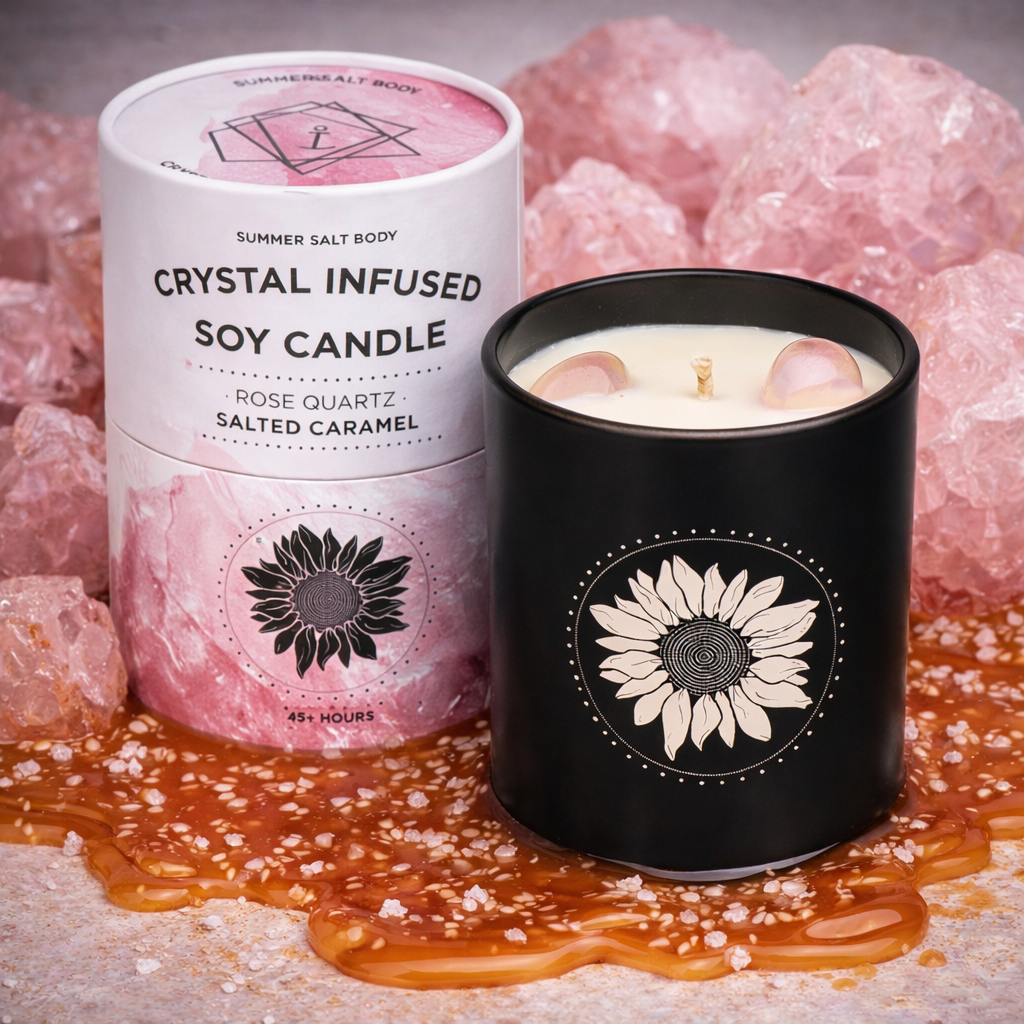 Crystal Infused Soy Candle - Rose Quartz x Salted Caramel