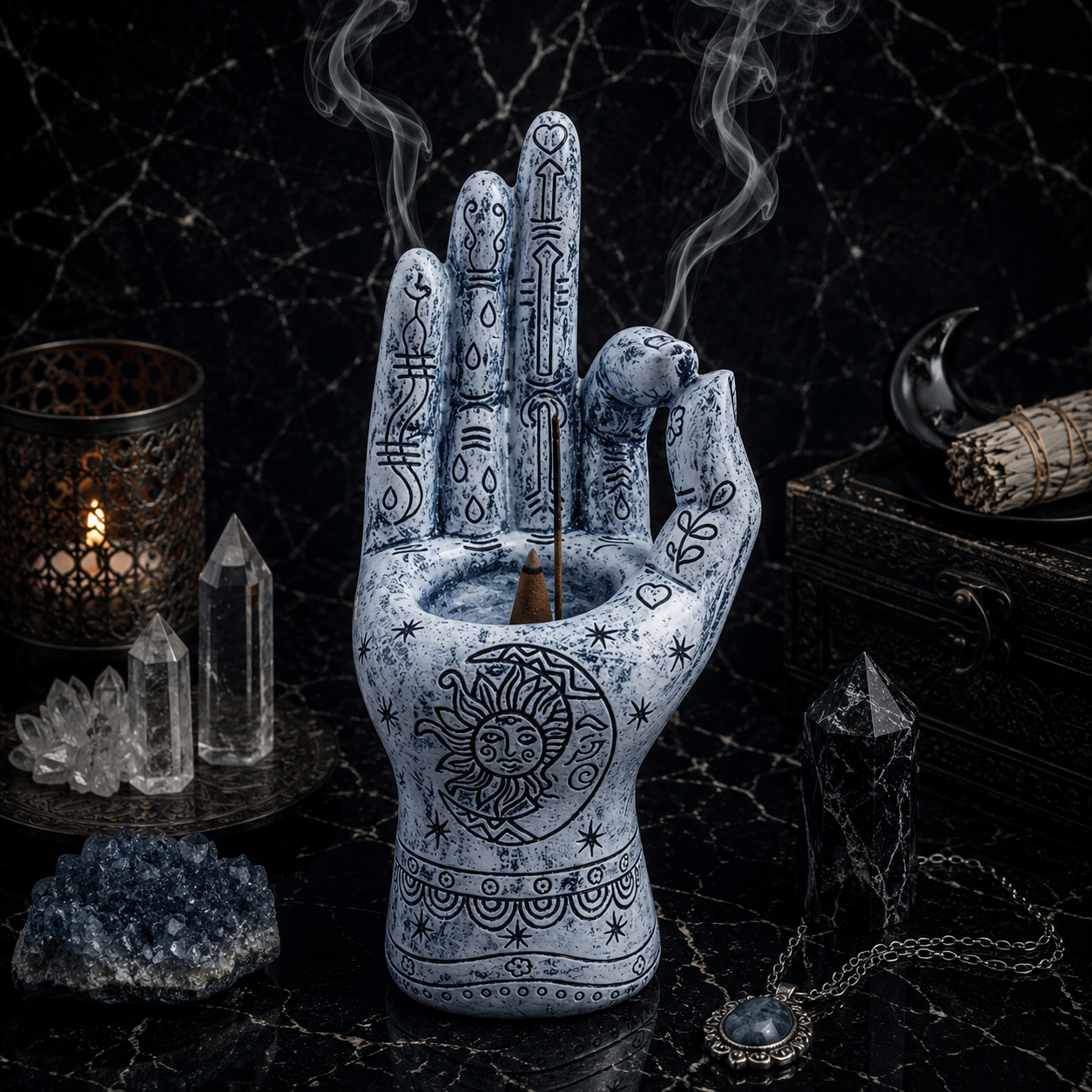 The Hand of Wisdom Incense Burner - Porcelain Blue